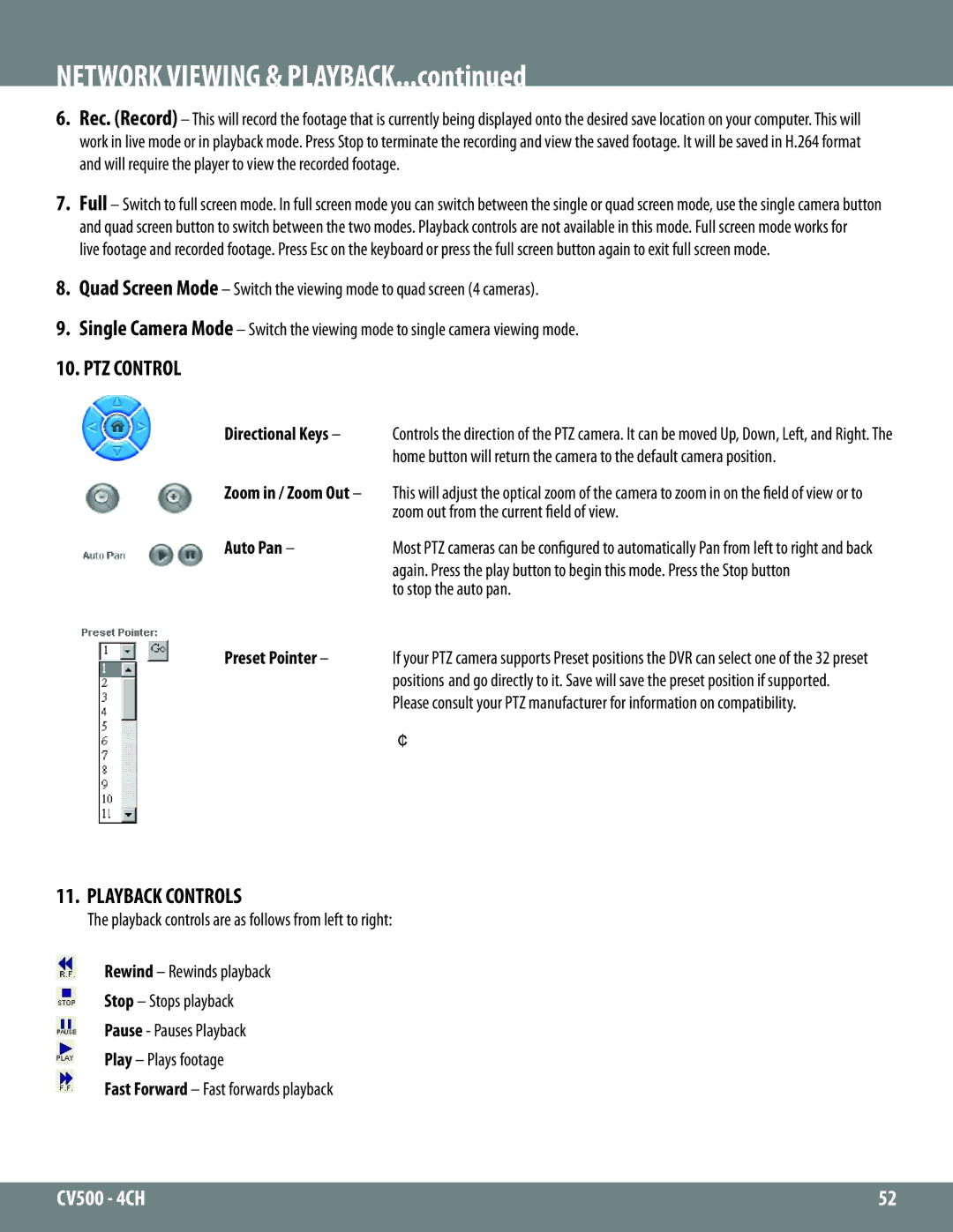 SVAT Electronics 2CV500 - 4CH instruction manual Network Viewing & Playback, Directional Keys, Auto Pan, Preset Pointer 