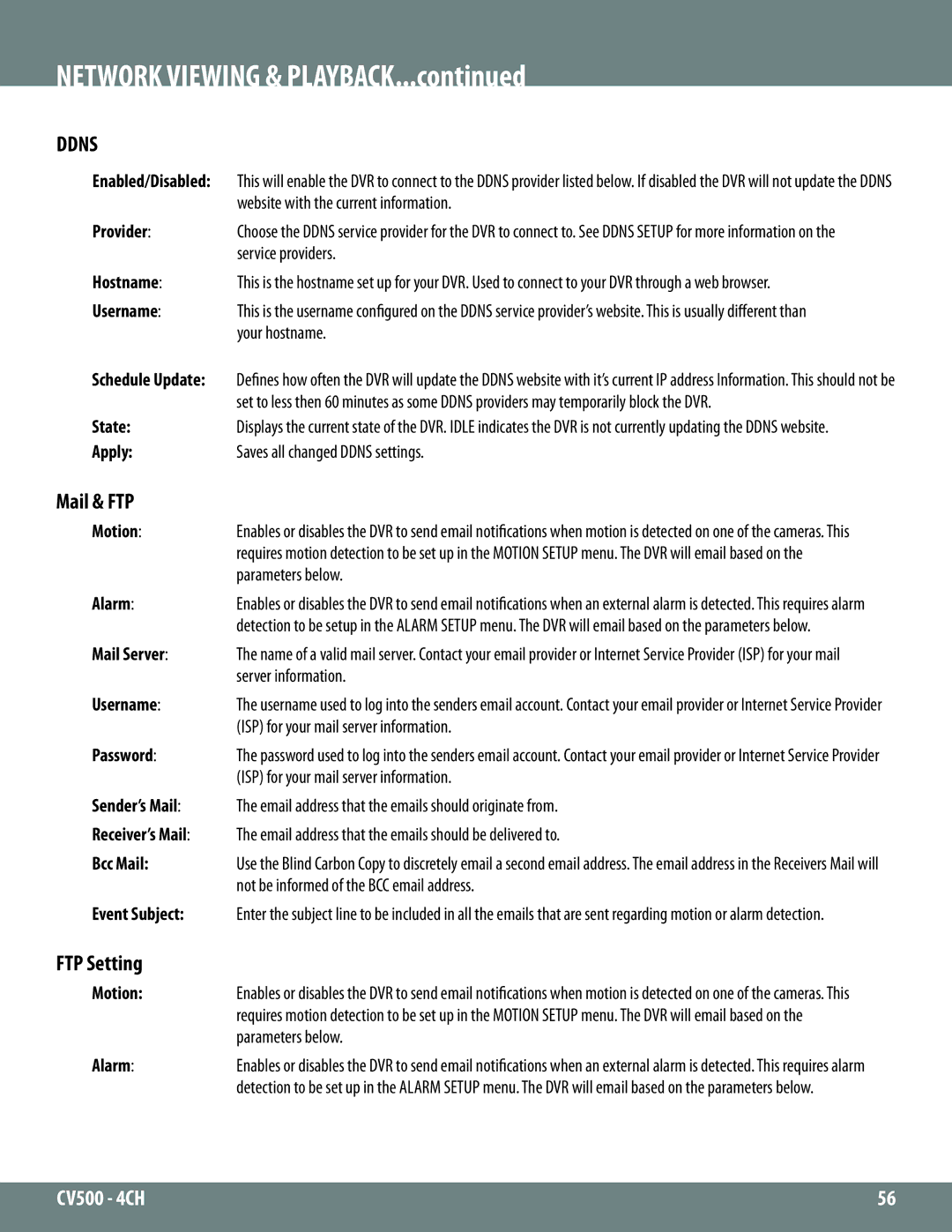 SVAT Electronics 2CV500 - 4CH Provider, Hostname, State, Motion, Alarm, Mail Server, Sender’s Mail, Receiver’s Mail 