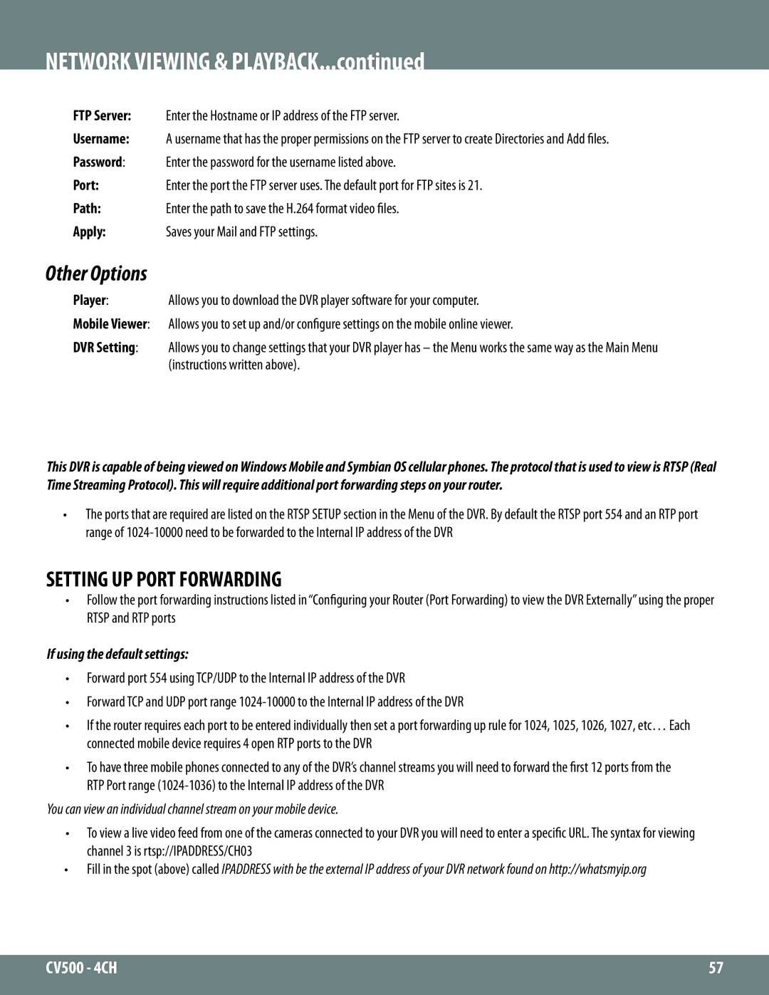 SVAT Electronics 2CV500 - 4CH 3G Mobile Device Port Forwarding, Setting UP Port Forwarding, If using the default settings 