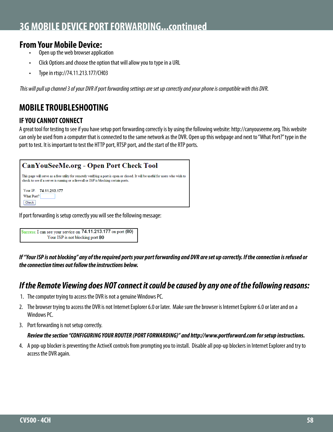 SVAT Electronics 2CV500 - 4CH 3G Mobile Device Port Forwarding, From Your Mobile Device, Mobile Troubleshooting 