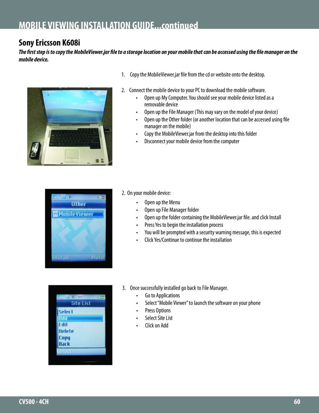 SVAT Electronics 2CV500 - 4CH instruction manual Mobile Viewing Installation Guide, Sony Ericsson K608i 