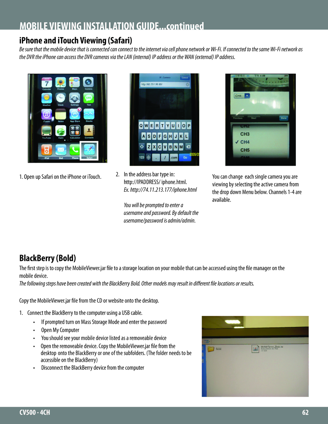 SVAT Electronics 2CV500 - 4CH instruction manual IPhone and iTouch Viewing Safari, BlackBerry Bold 