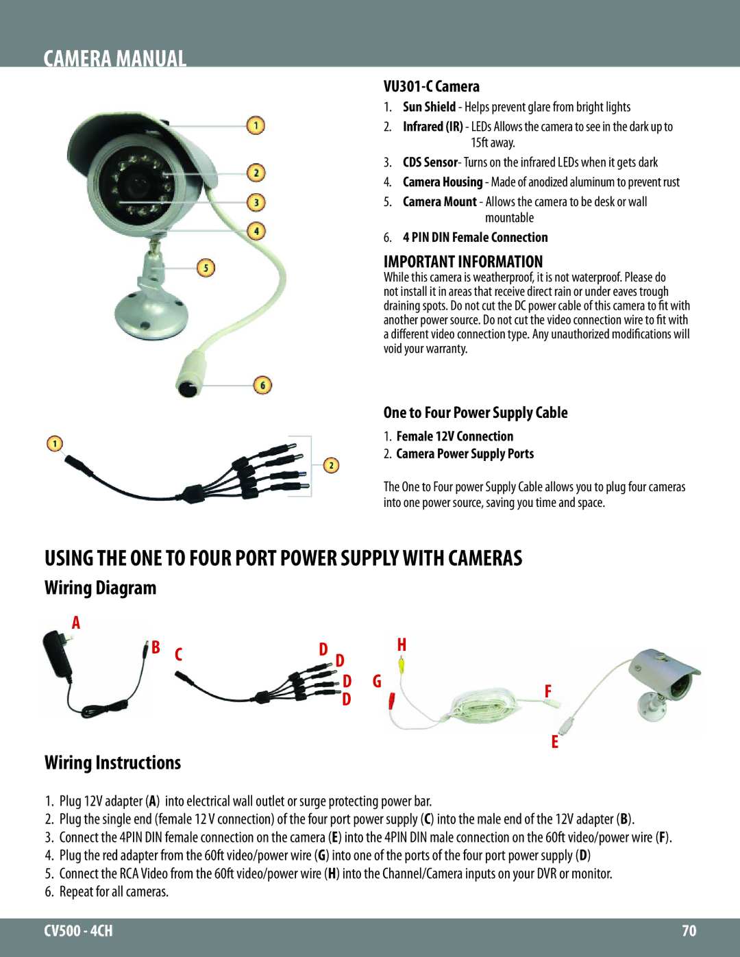 SVAT Electronics 2CV500 - 4CH Camera Manual, Using the ONE to Four Port Power Supply with Cameras, Wiring Diagram 