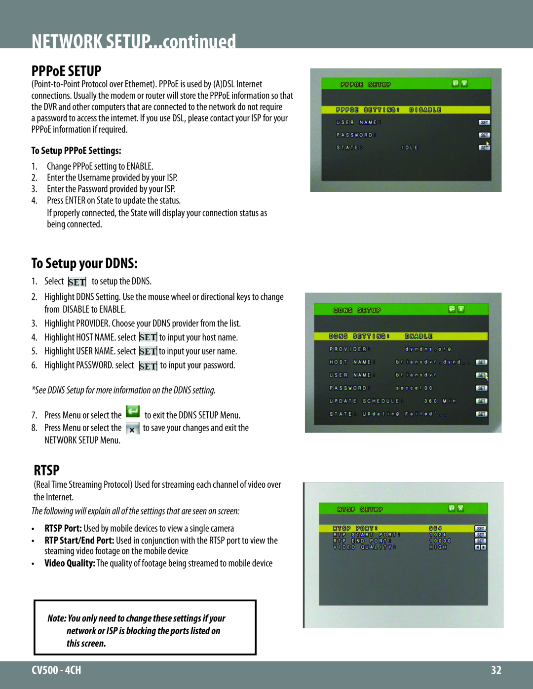SVAT Electronics 2CV500 - 4CH instruction manual PPPoE SETUP, To Setup your DDNS, Rtsp, NETWORK SETUP...continued 