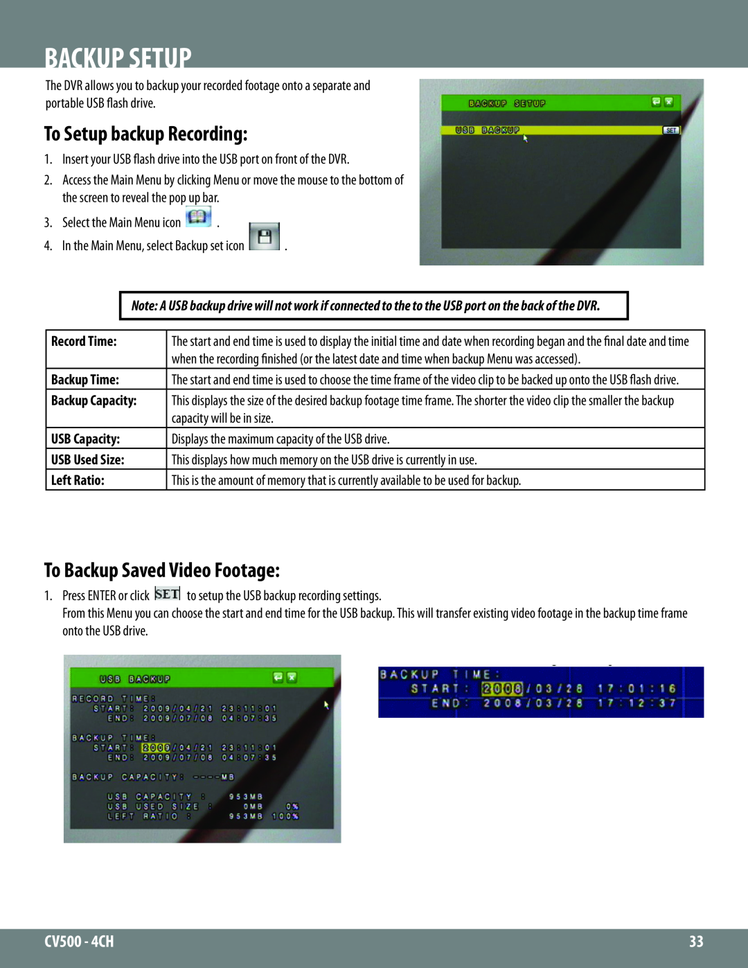 SVAT Electronics 2CV500 - 4CH instruction manual Backup Setup, To Setup backup Recording, To Backup Saved Video Footage 