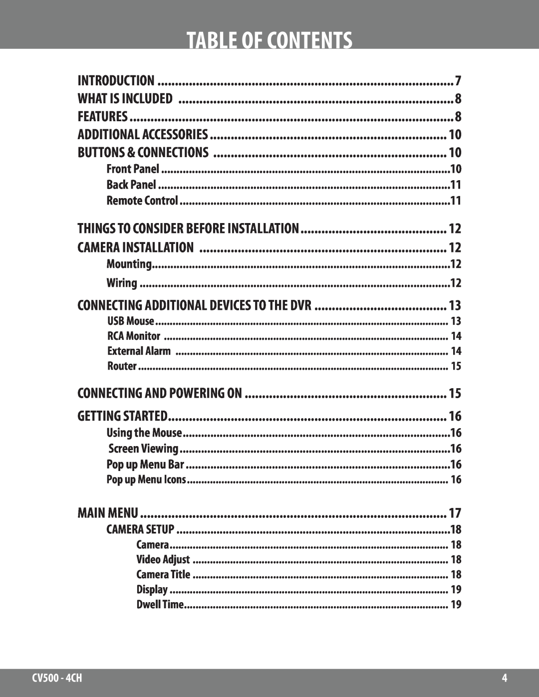 SVAT Electronics 2CV500 - 4CH instruction manual Table Of Contents, Main Menu 