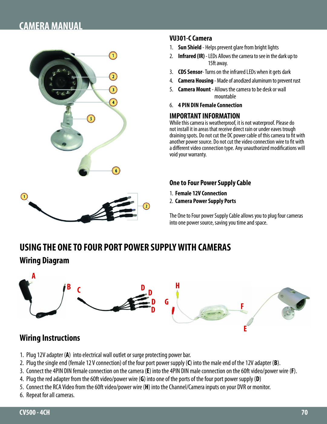 SVAT Electronics 2CV500 - 4CH Camera Manual, Wiring Diagram, Wiring Instructions, A B Cd D H D Gf D E, VU301-CCamera 
