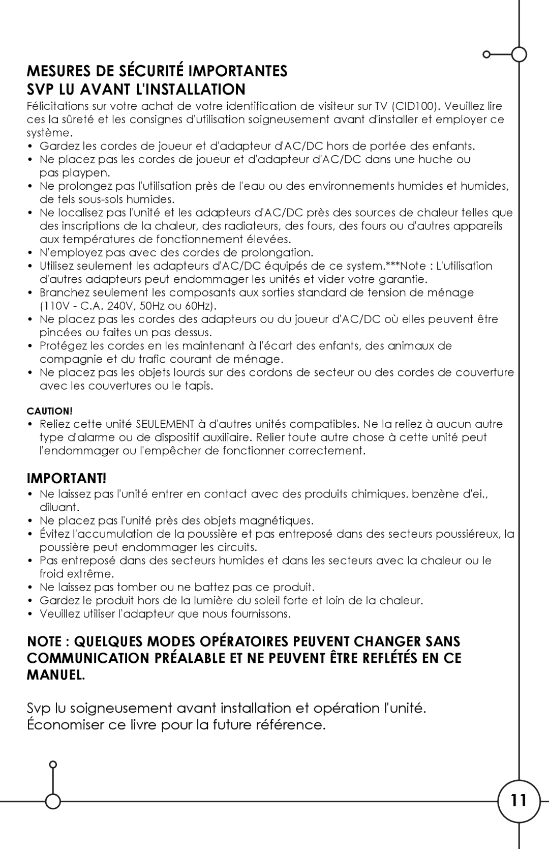 SVAT Electronics CID100 manual Mesures DE Sécurité Importantes SVP LU Avant Linstallation 