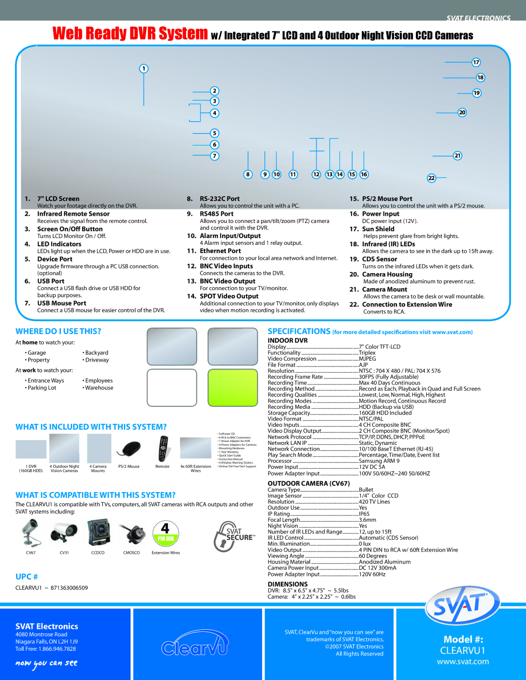 SVAT Electronics CLEARVU1 warranty Where do I USE THIS?, What is Compatible with this SYSTEM?, Upc # 