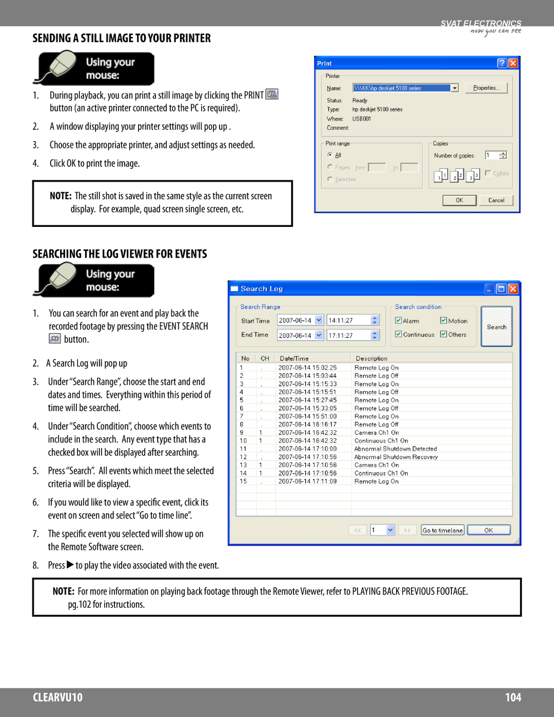 SVAT Electronics CLEARVU10 instruction manual Sending a Still Image to Your Printer, Searching the LOG Viewer for Events 