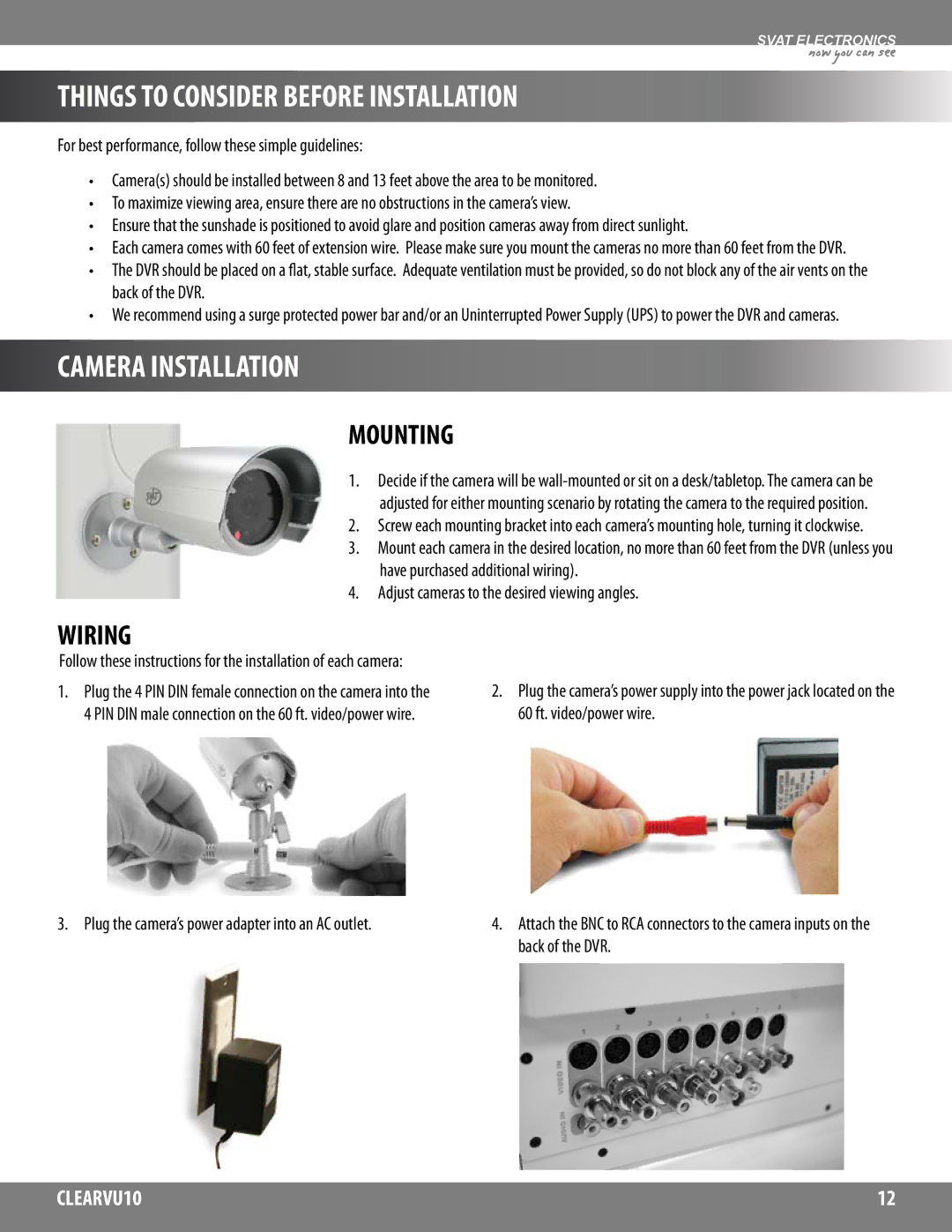 SVAT Electronics CLEARVU10 instruction manual Things to Consider Before Installation, Camera Installation, Mounting, Wiring 