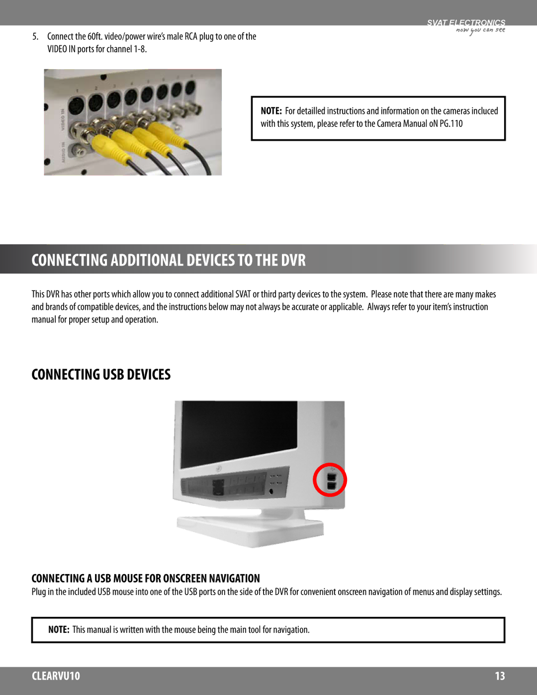 SVAT Electronics CLEARVU10 instruction manual Connecting Additional Devices to the DVR, Connecting USB Devices 