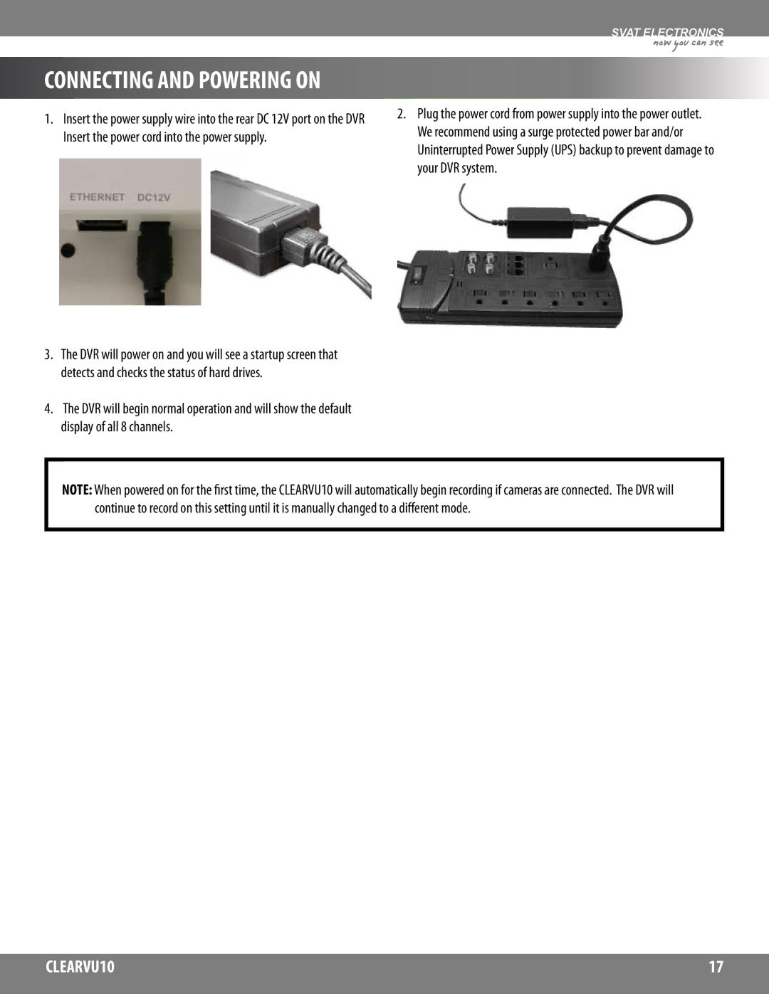 SVAT Electronics CLEARVU10 instruction manual Connecting and Powering on 