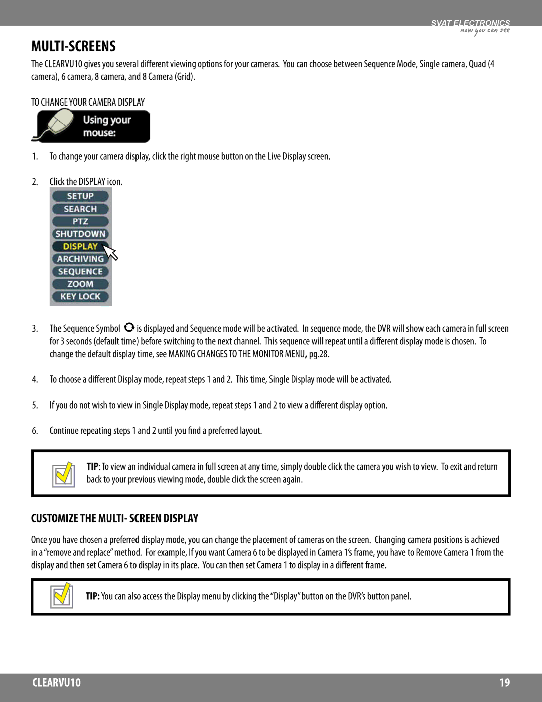 SVAT Electronics CLEARVU10 instruction manual Multi-Screens, Customize the MULTI- Screen Display 