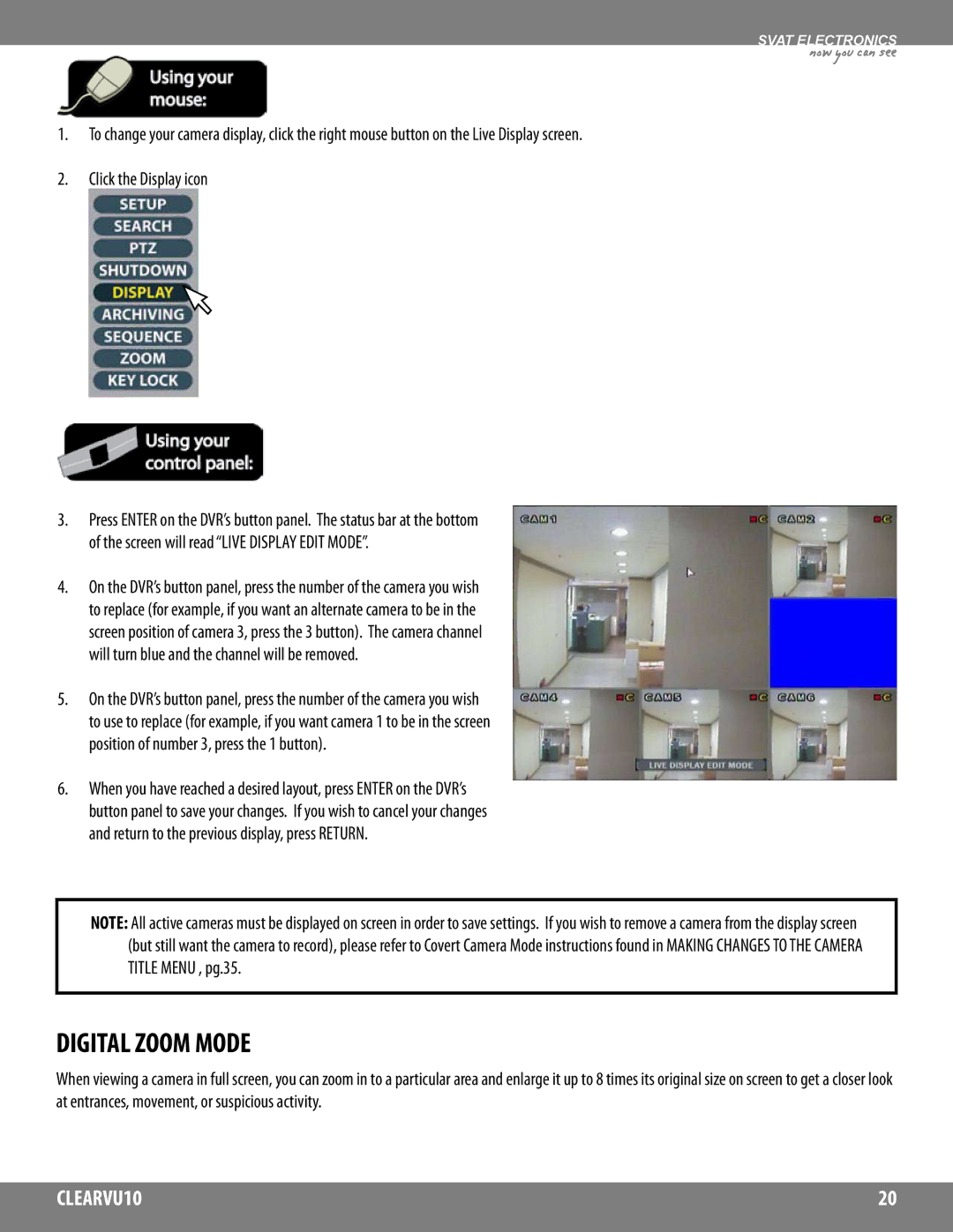 SVAT Electronics CLEARVU10 instruction manual Digital Zoom Mode, Title Menu , pg.35 