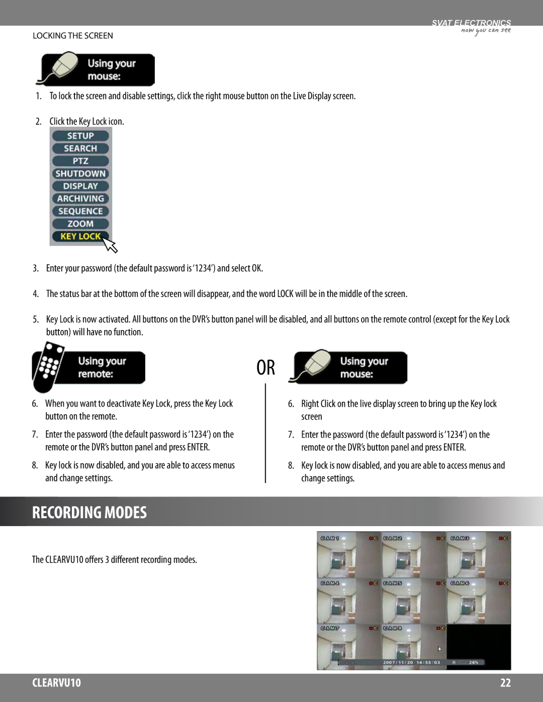 SVAT Electronics CLEARVU10 instruction manual Recording Modes 