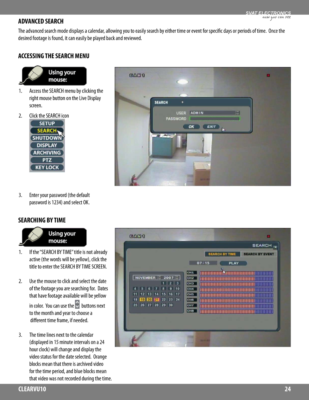 SVAT Electronics CLEARVU10 Advanced Search, Accessing the Search Menu, Searching by Time, Click the Search icon 