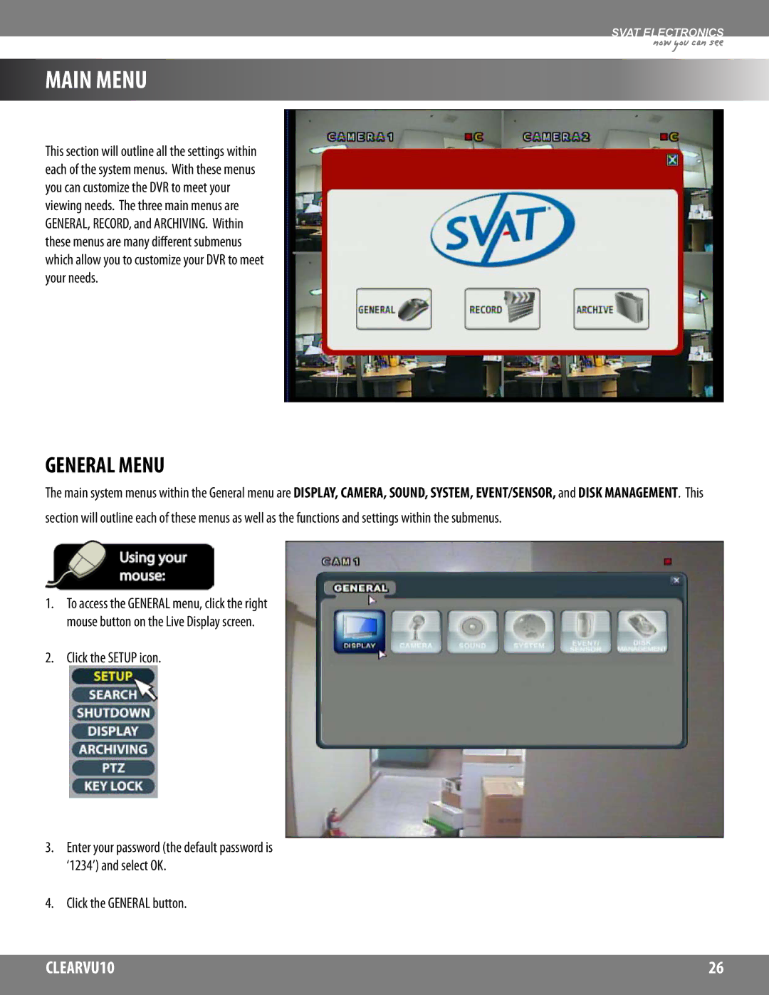 SVAT Electronics CLEARVU10 instruction manual Main Menu, General Menu 