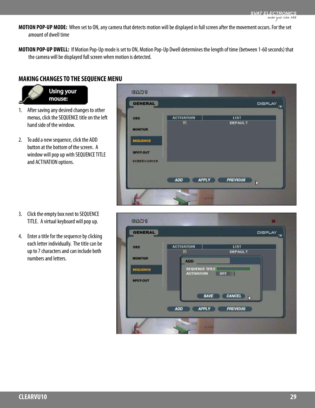 SVAT Electronics CLEARVU10 instruction manual Making Changes to the Sequence Menu 