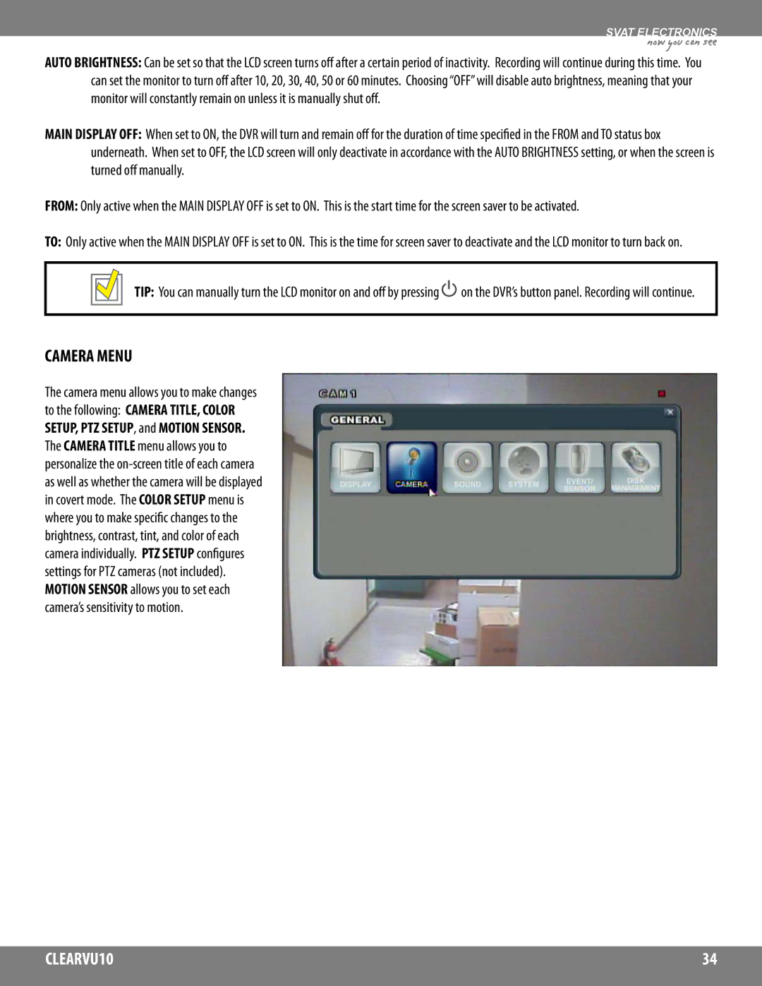 SVAT Electronics CLEARVU10 instruction manual Camera Menu 