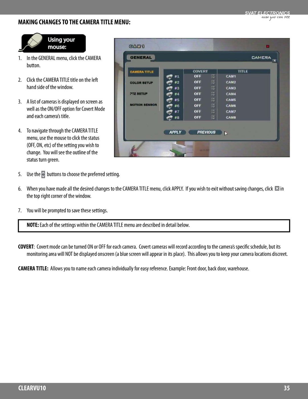 SVAT Electronics CLEARVU10 Making Changes to the Camera Title Menu, General menu, click the Camera button 