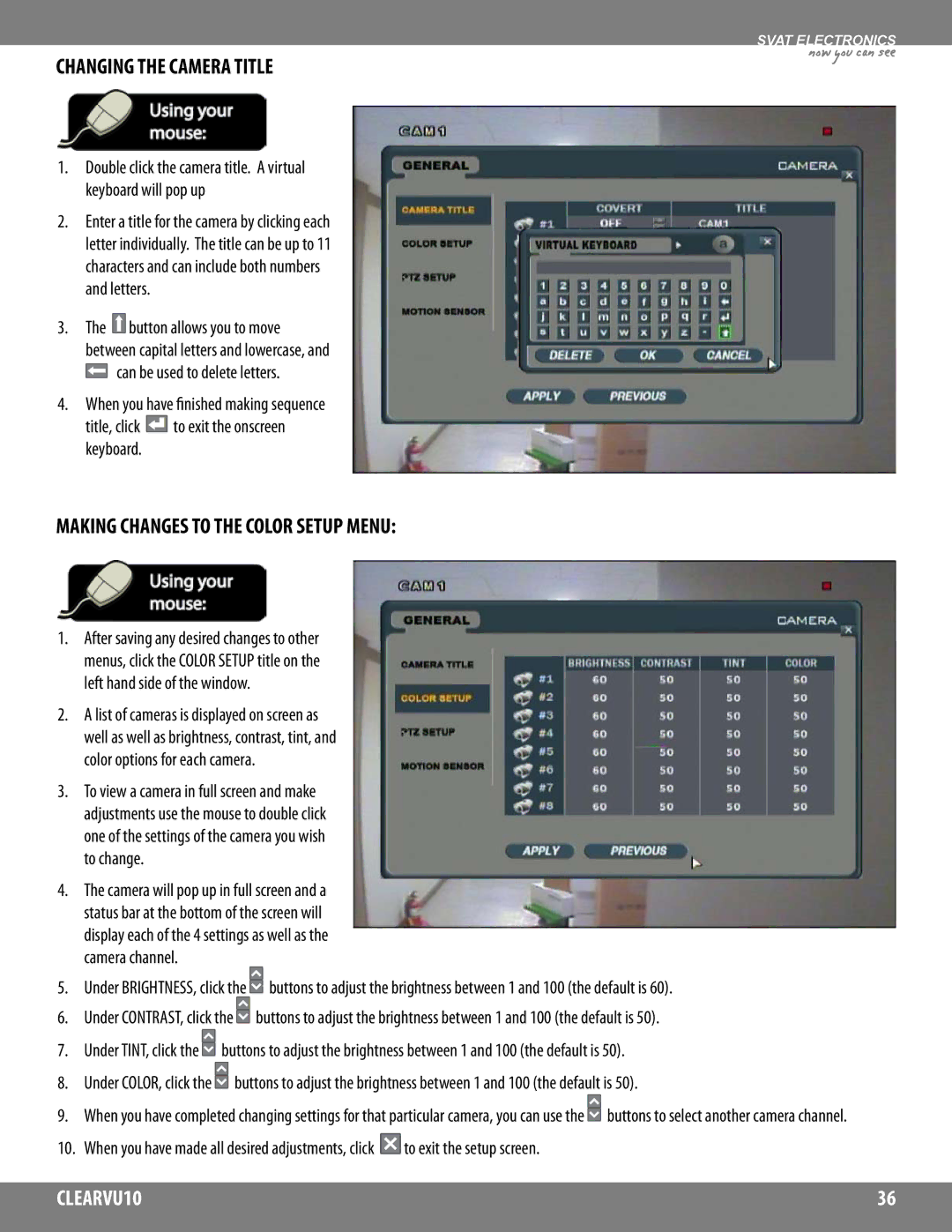 SVAT Electronics CLEARVU10 instruction manual Changing the Camera Title, Making Changes to the Color Setup Menu 