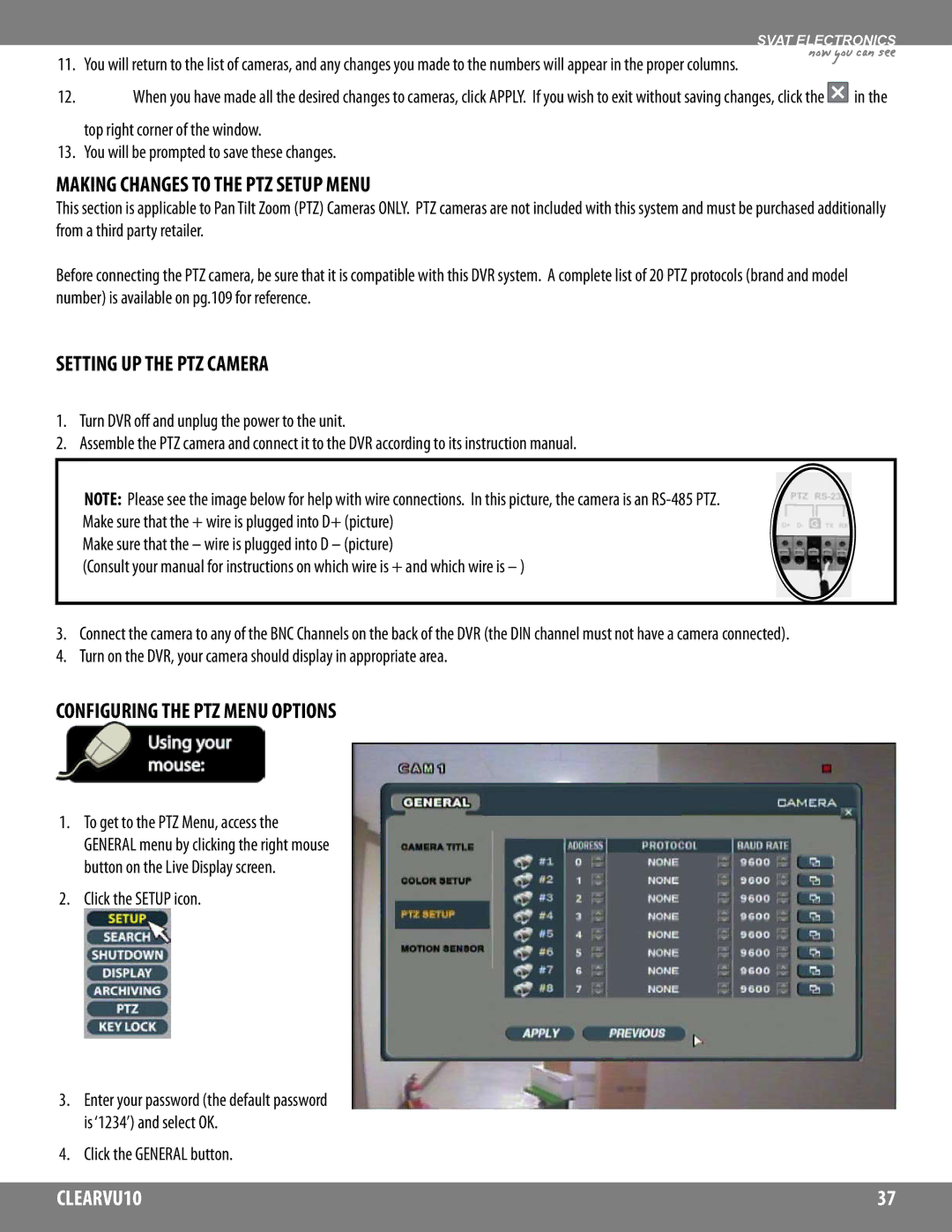 SVAT Electronics CLEARVU10 Making Changes to the PTZ Setup Menu, Setting UP the PTZ Camera, Click the Setup icon 