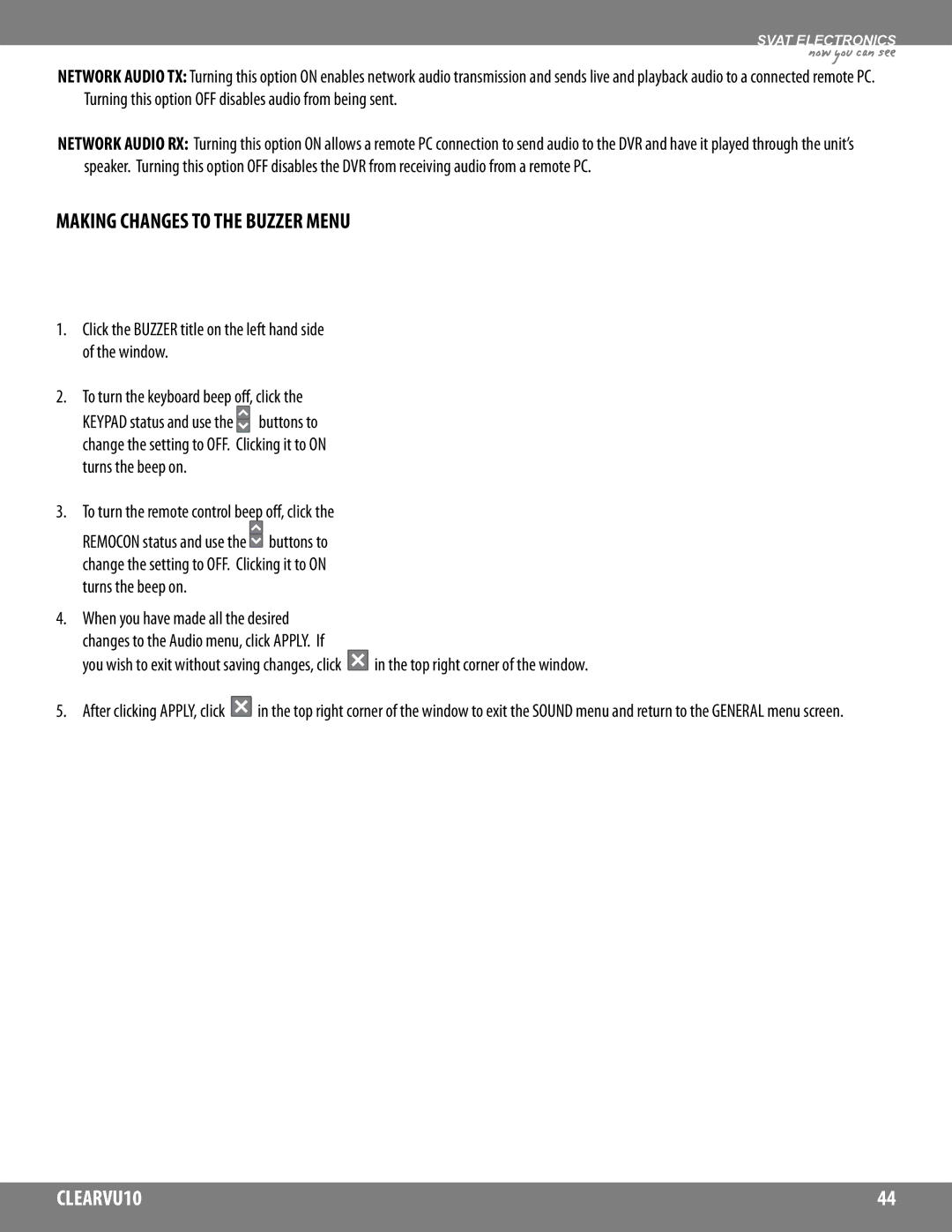 SVAT Electronics CLEARVU10 instruction manual Making Changes to the Buzzer Menu, To turn the remote control beep off, click 