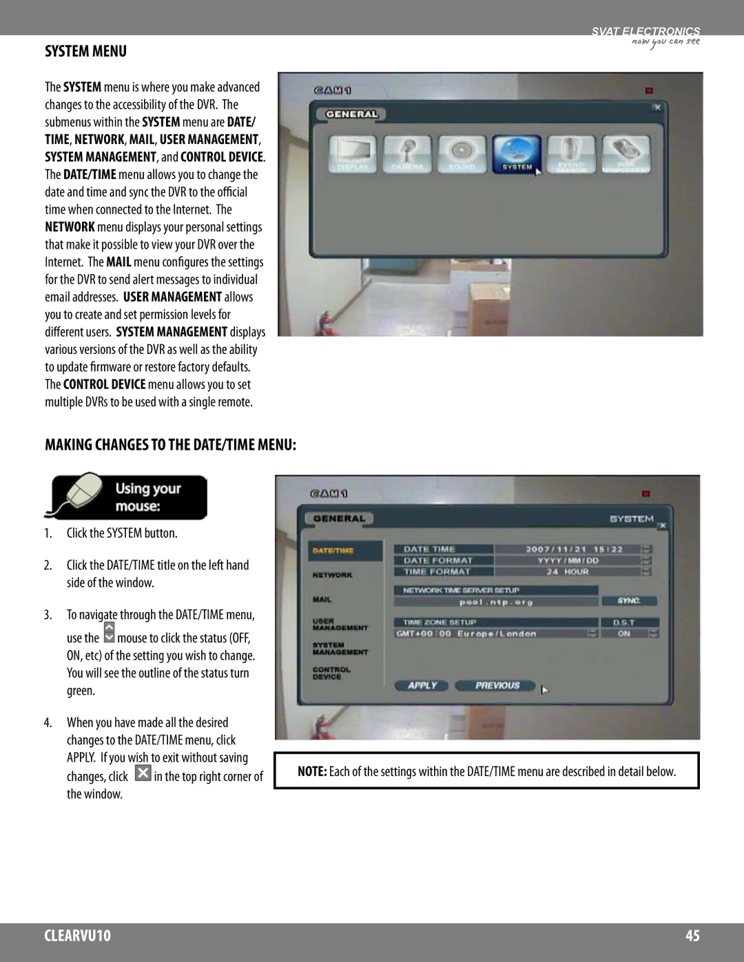 SVAT Electronics CLEARVU10 instruction manual System Menu, Making Changes to the DATE/TIME Menu, Click the System button 