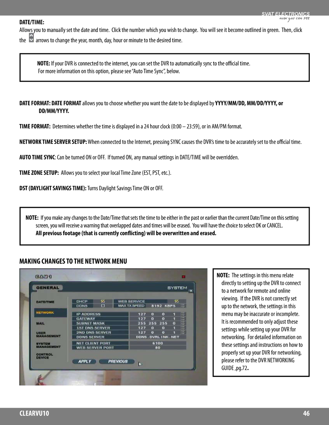 SVAT Electronics CLEARVU10 instruction manual DATE/TIMEnow you can see, Making Changes to the Network Menu 