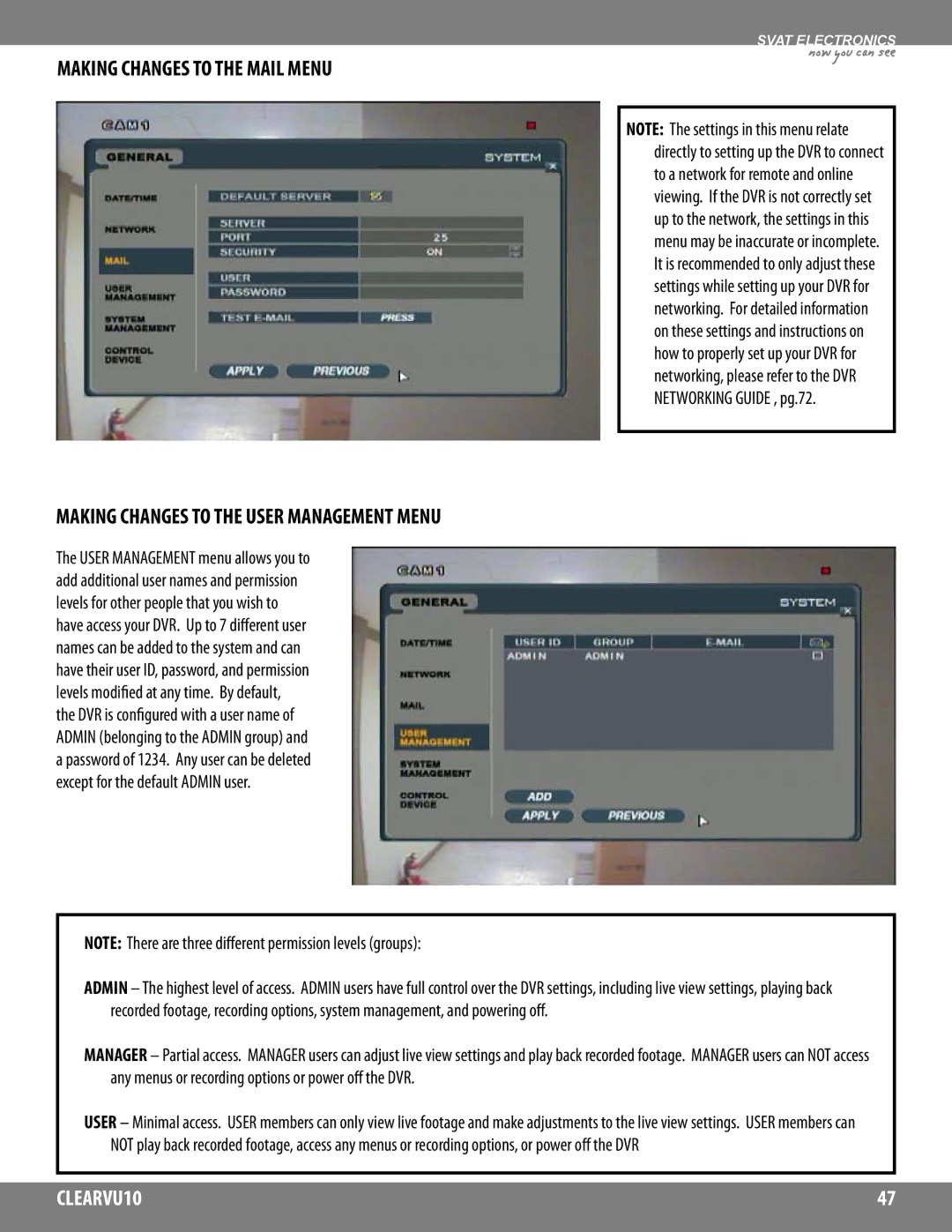 SVAT Electronics CLEARVU10 instruction manual Making Changes to the Mail Menu, Making Changes to the User Management Menu 