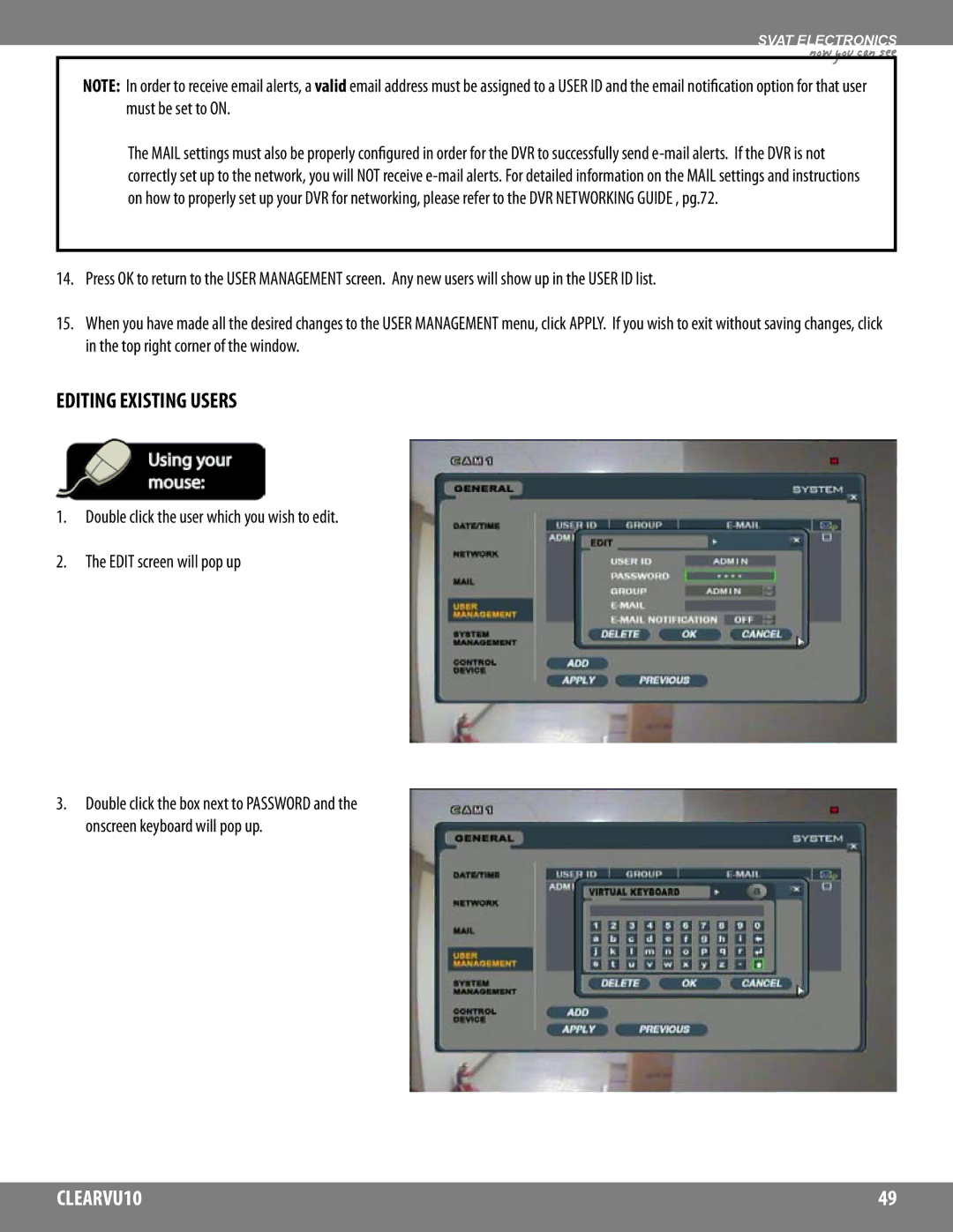 SVAT Electronics CLEARVU10 instruction manual Editing Existing Users 