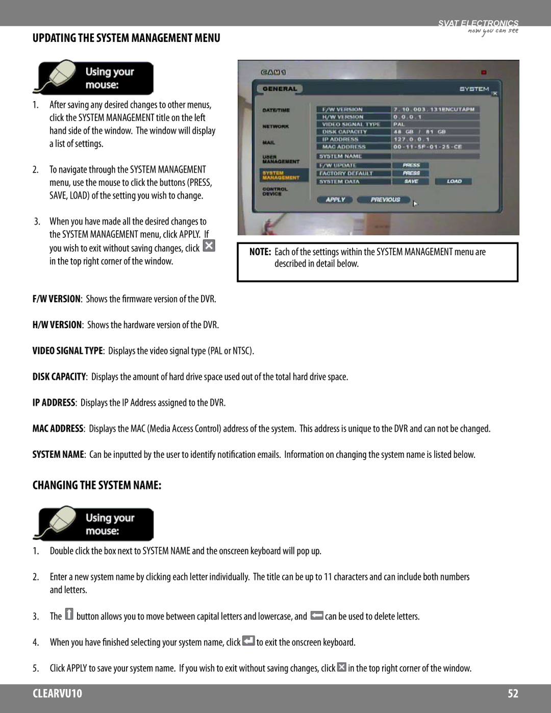 SVAT Electronics CLEARVU10 instruction manual Updating the System Management Menu, Changing the System Name 