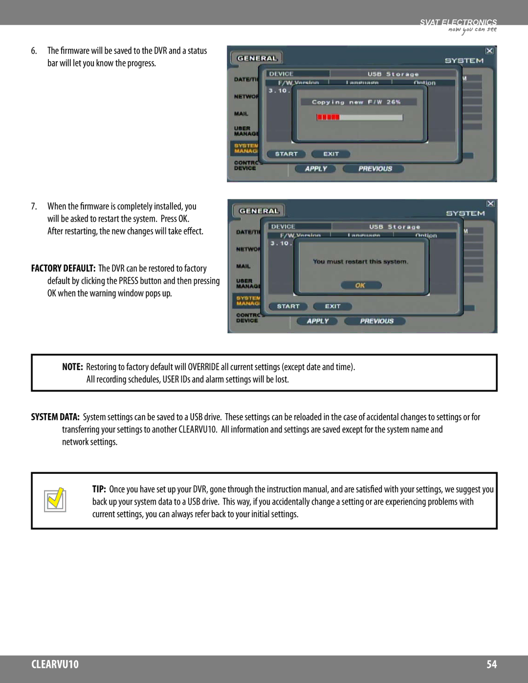 SVAT Electronics CLEARVU10 instruction manual After restarting, the new changes will take effect 