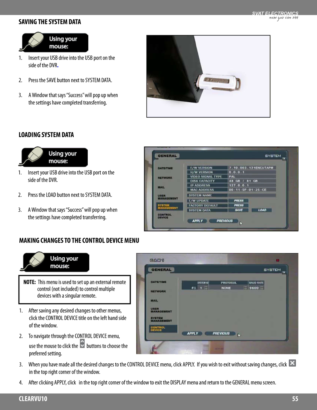 SVAT Electronics CLEARVU10 Saving the System Data, Loading System Data, Making Changes to the Control Device Menu 