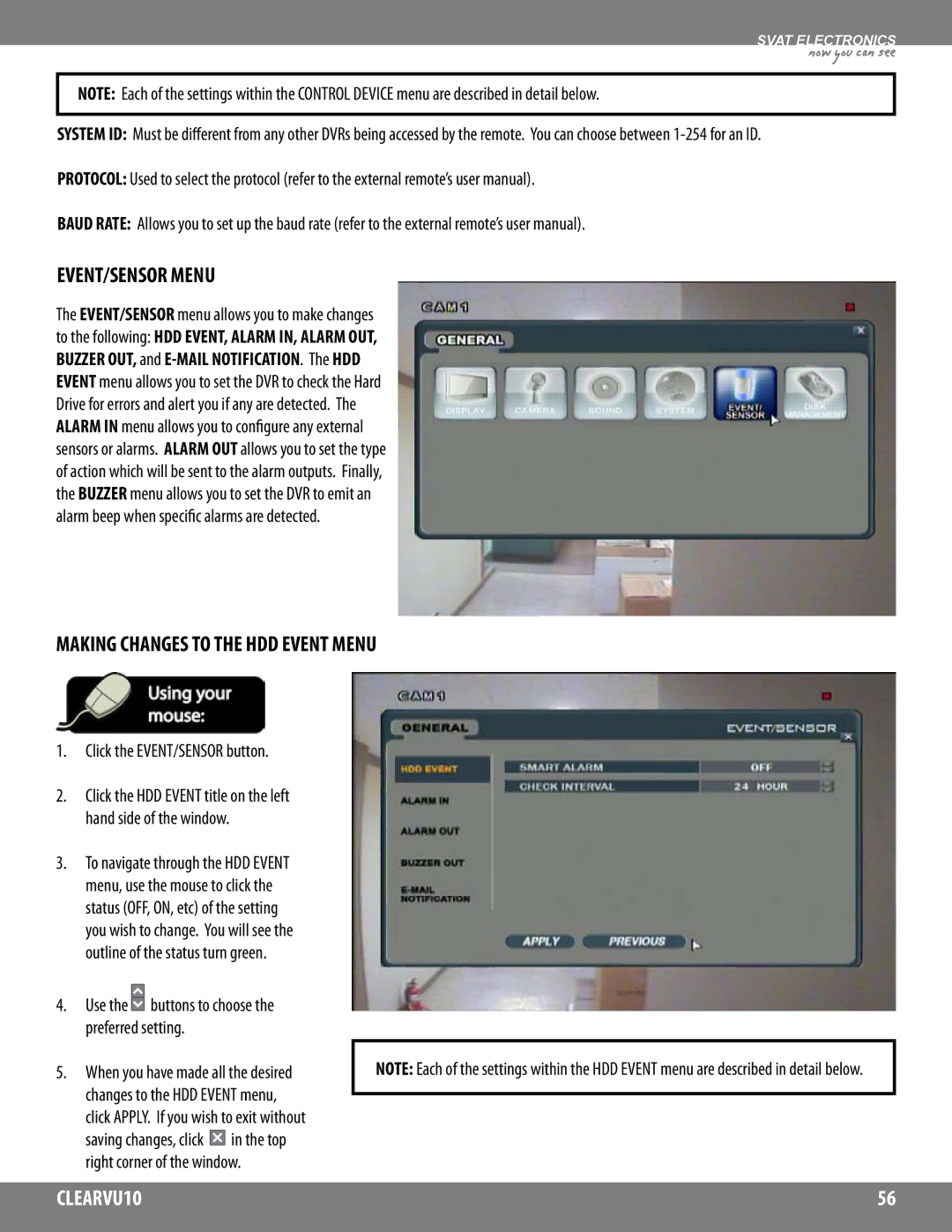 SVAT Electronics CLEARVU10 EVENT/SENSOR Menu, Making Changes to the HDD Event Menu, Click the EVENT/SENSOR button 