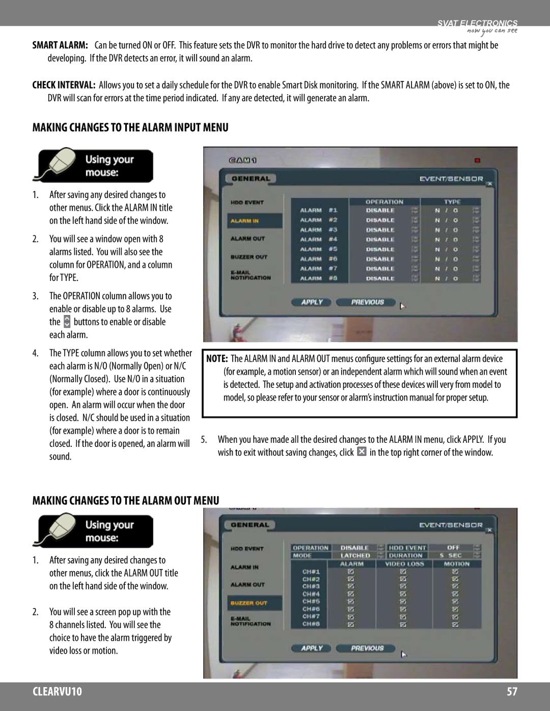 SVAT Electronics CLEARVU10 instruction manual Making Changes to the Alarm Input Menu, Making Changes to the Alarm OUT Menu 