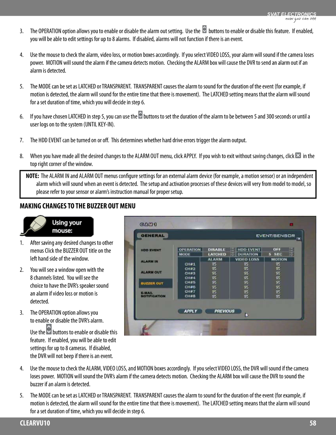 SVAT Electronics CLEARVU10 instruction manual Making Changes to the Buzzer OUT Menu 