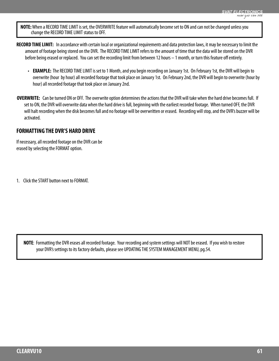 SVAT Electronics CLEARVU10 instruction manual Formatting the DVR’S Hard Drive, Click the Start button next to Format 