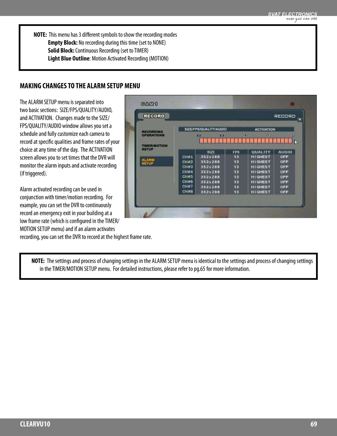 SVAT Electronics CLEARVU10 instruction manual Making Changes to the Alarm Setup Menu 