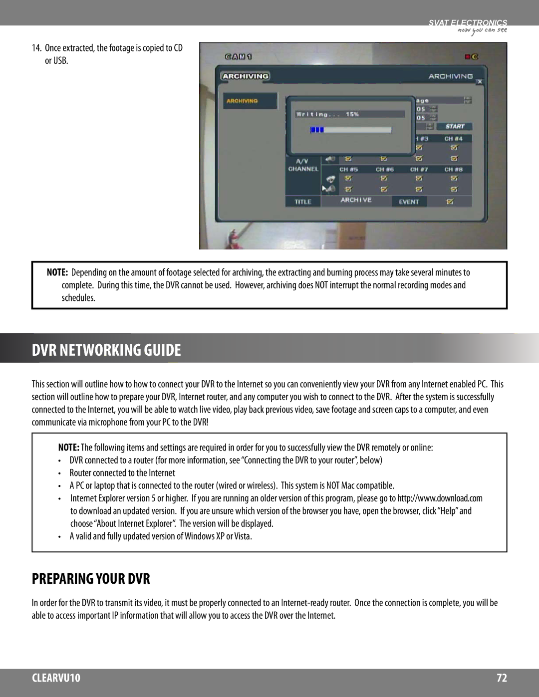 SVAT Electronics CLEARVU10 DVR Networking Guide, Preparing Your DVR, Once extracted, the footage is copied to CD or USB 