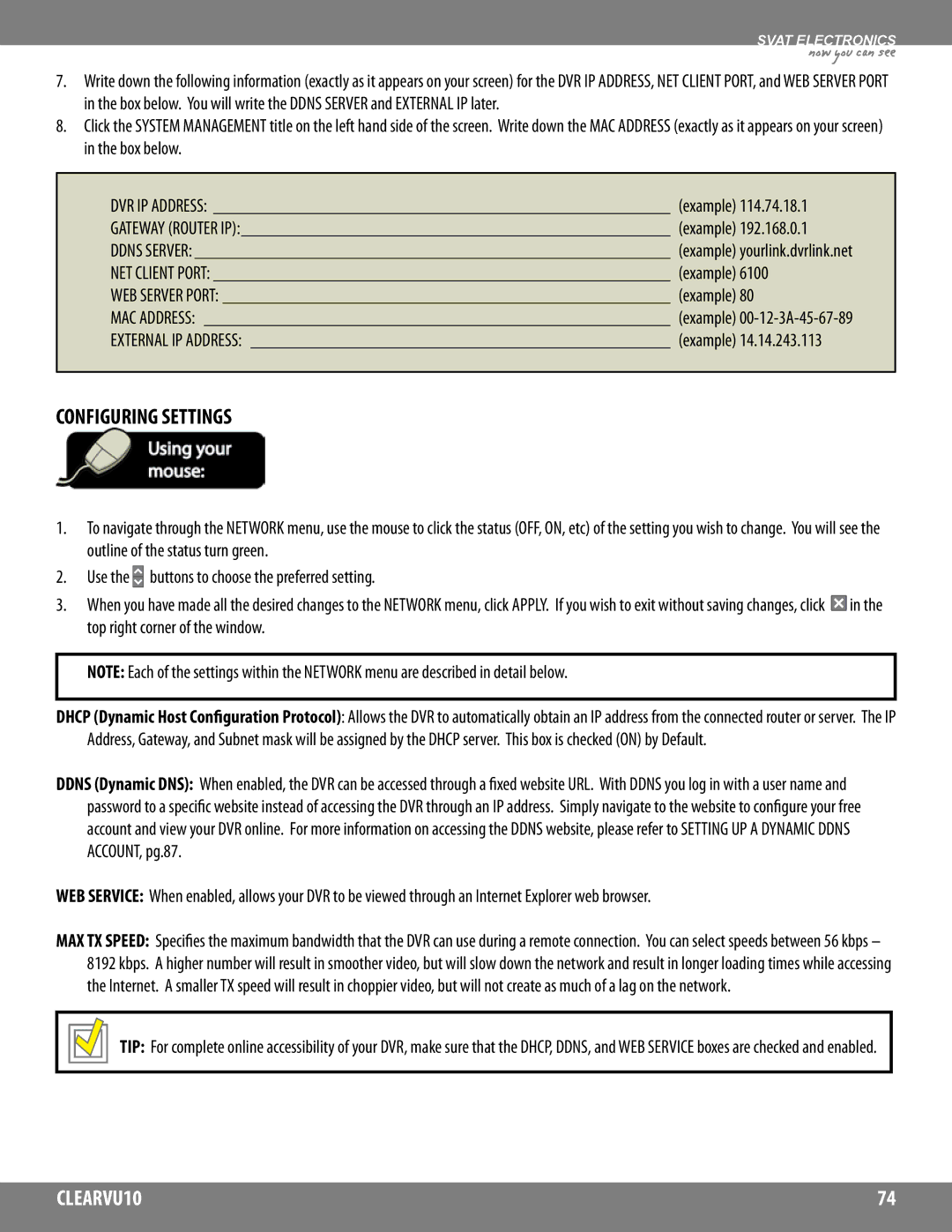 SVAT Electronics CLEARVU10 instruction manual Configuring Settings, NET Client Port example WEB Server Port example 