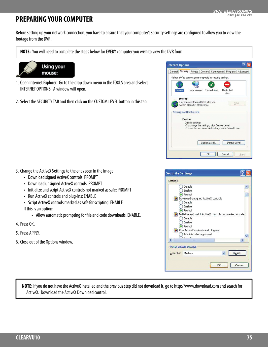 SVAT Electronics CLEARVU10 instruction manual Preparing Your Computer 