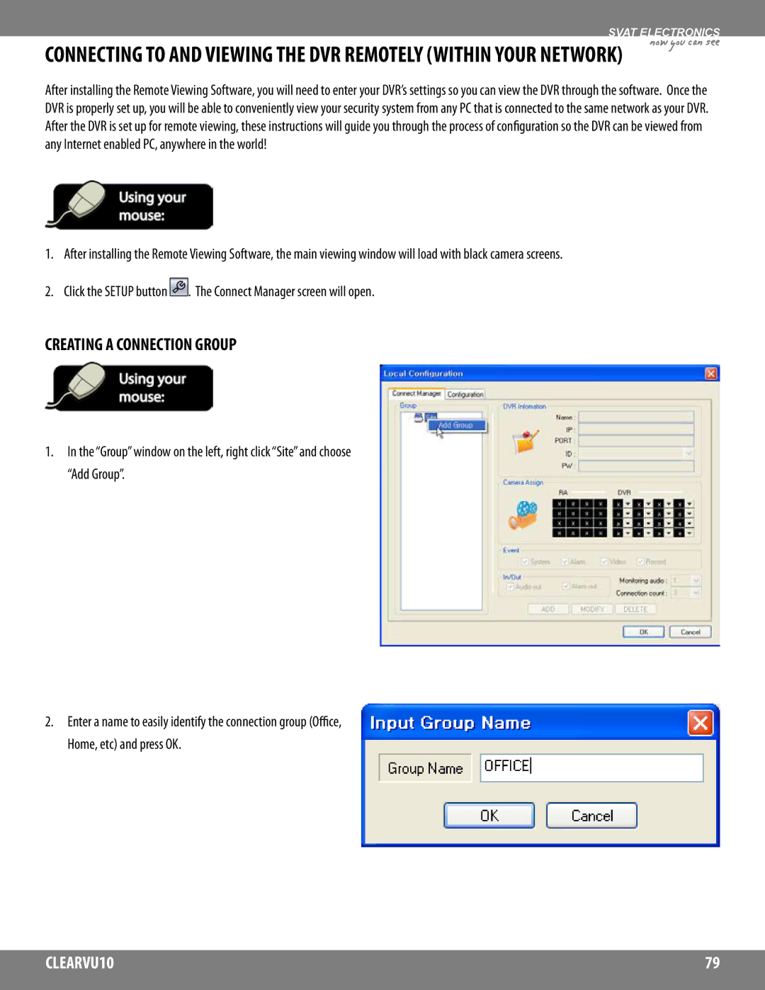 SVAT Electronics CLEARVU10 instruction manual Getting Started, Creating a Connection Group 