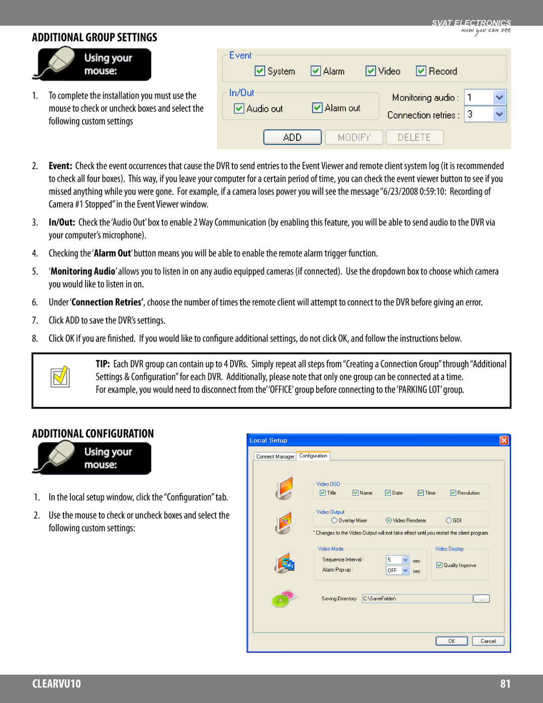 SVAT Electronics CLEARVU10 Additional Group Settings, Additional Configuration, Click ADD to save the DVR’s settings 