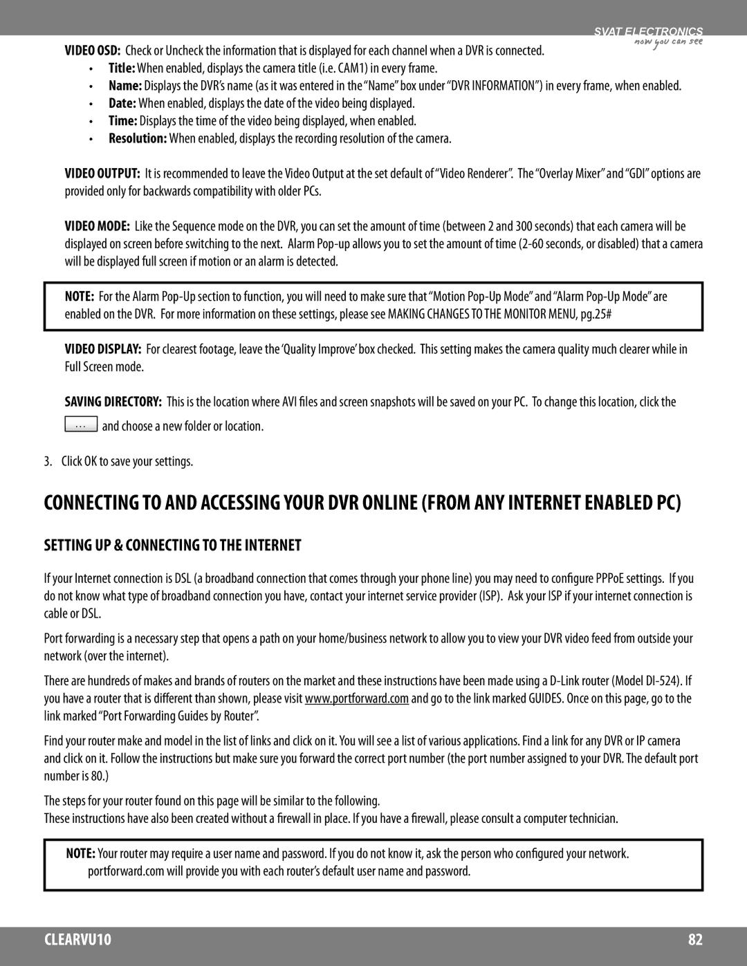 SVAT Electronics CLEARVU10 instruction manual Setting UP & Connecting to the Internet 