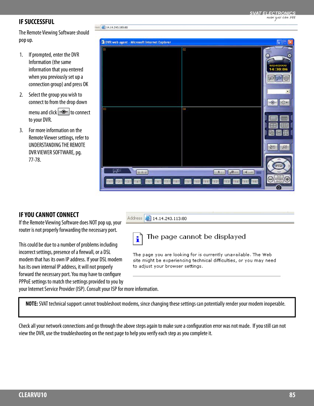 SVAT Electronics CLEARVU10 instruction manual If Successful, If YOU Cannot Connect, Remote Viewing Software should pop up 