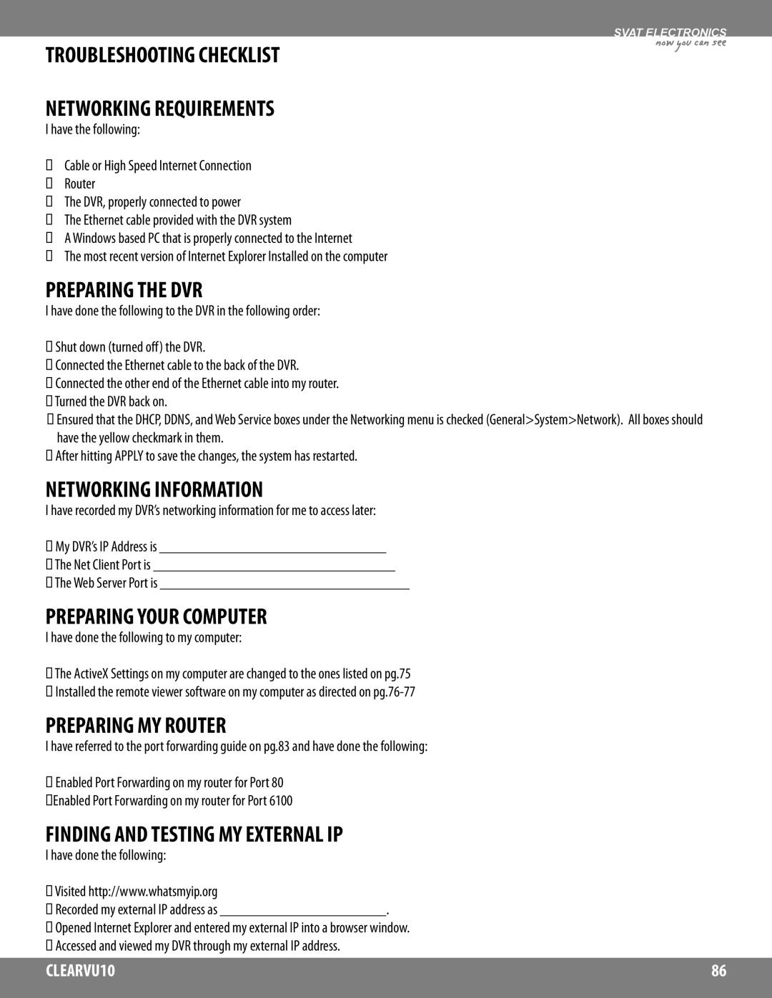 SVAT Electronics CLEARVU10 Troubleshooting Checklist Networking Requirements, Preparing the DVR, Networking Information 