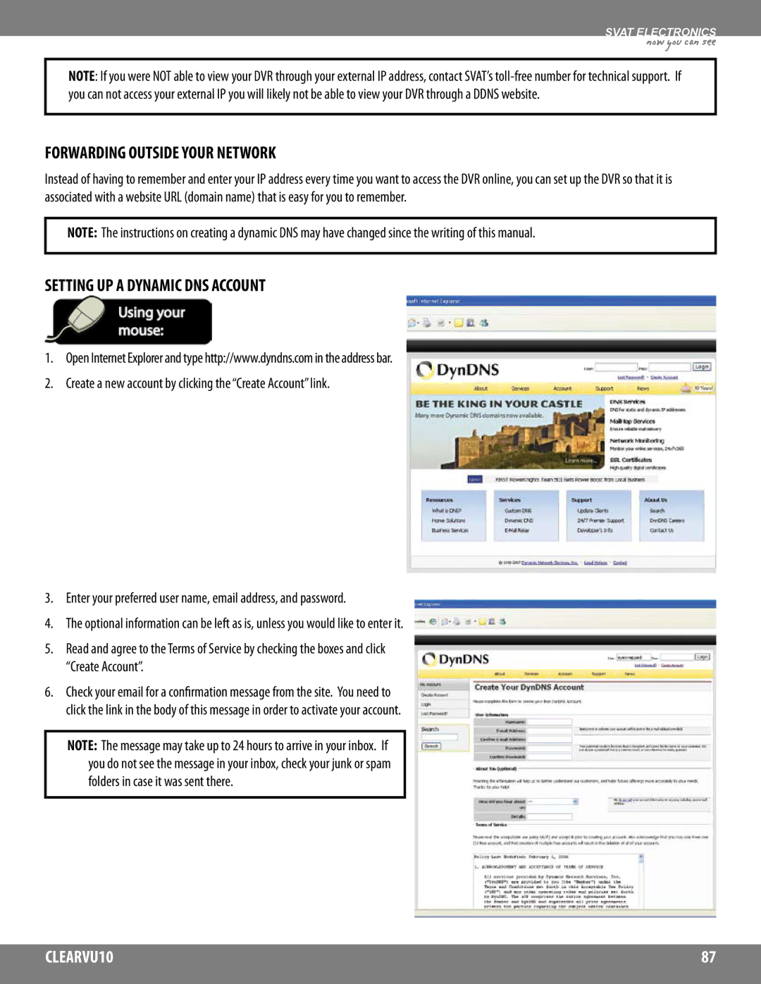 SVAT Electronics CLEARVU10 instruction manual Forwarding Outside Your Network, Setting UP a Dynamic DNS Account 