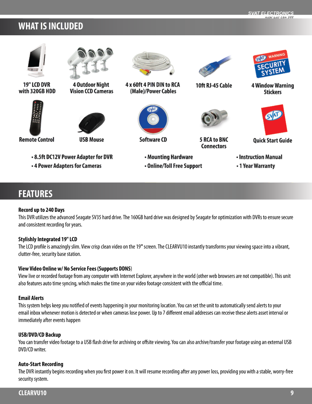 SVAT Electronics CLEARVU10 instruction manual What is Included Features, Record up to 240 Days 